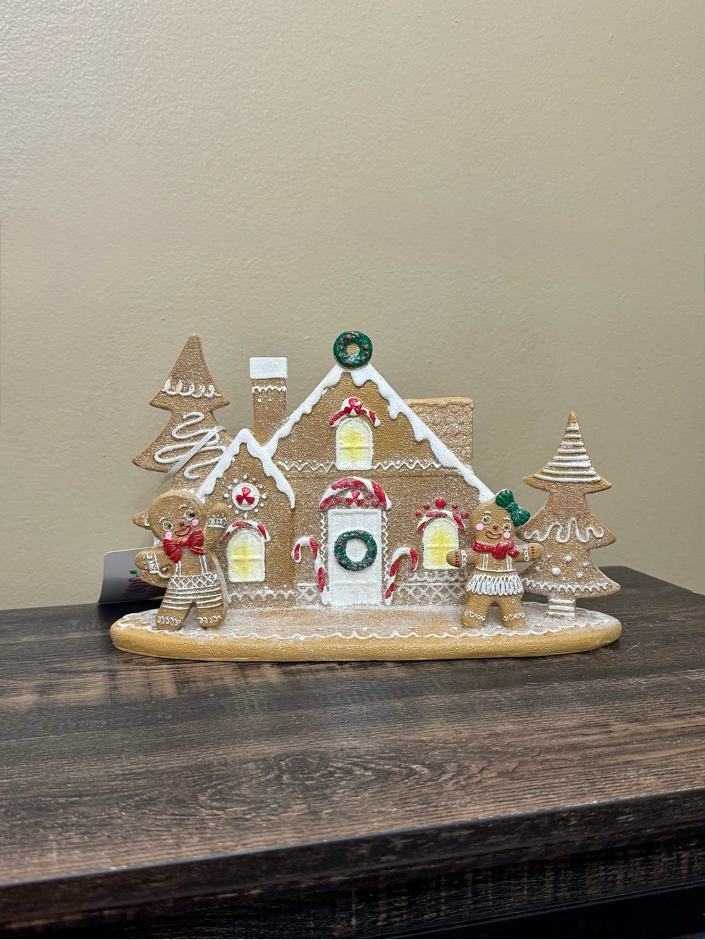 Festive Gingerbread House Holiday Decoration - Tan & White